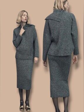 ZARA Women's Gray Ribbed Knit High Collar Oversized Sweater